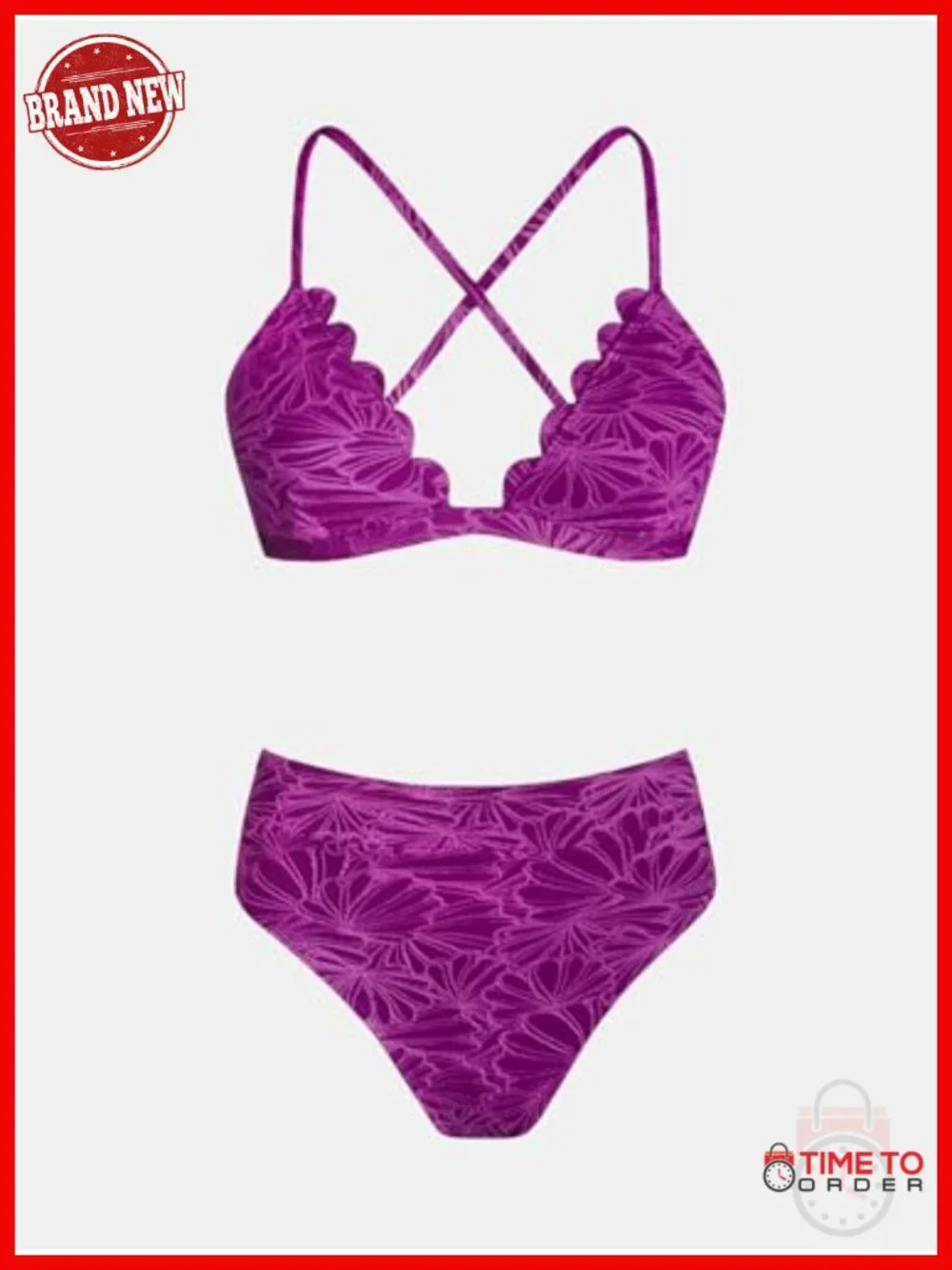High Waisted Scalloped V Neck Two Piece Bikini Set with Removable Padding